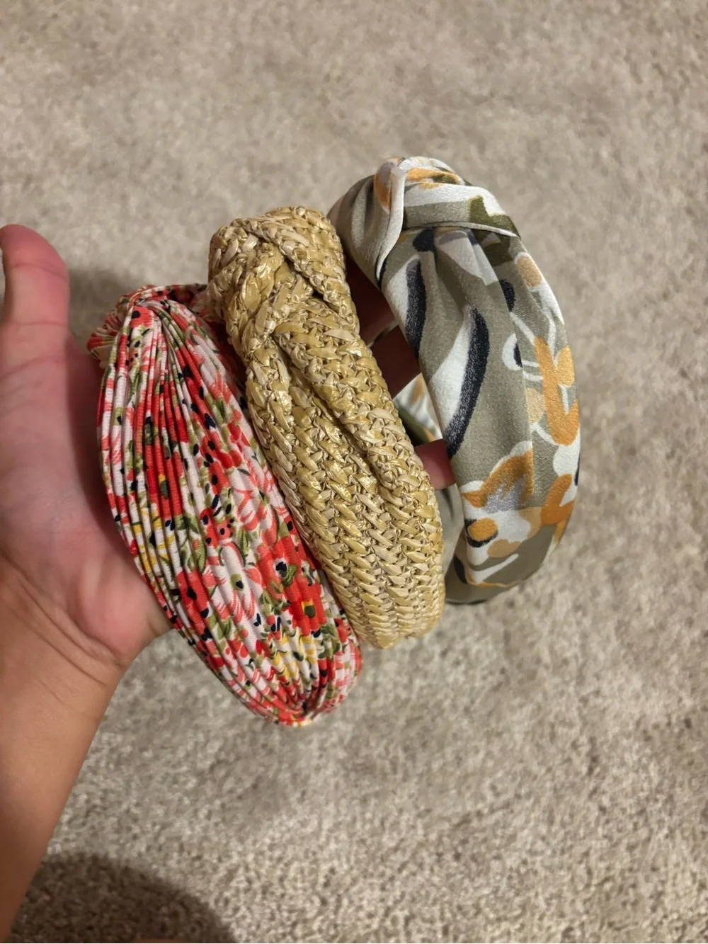 Three-Piece Women’s Headband Set - Coral, Straw, Olive Floral